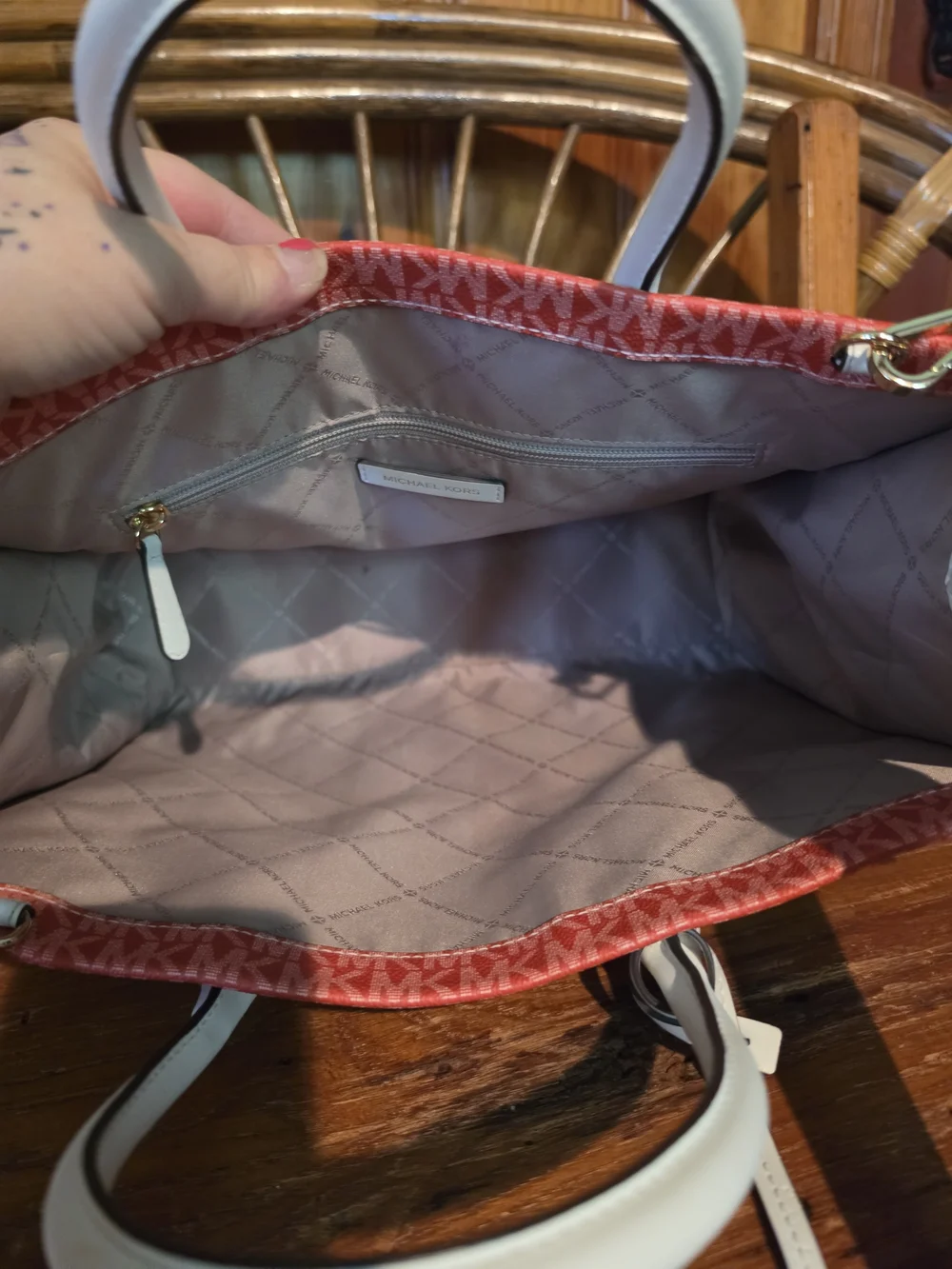 Michael Kors Rainbow Logo Tote with White Trim and Tan Strap